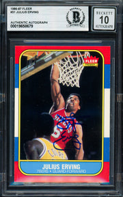 Julius Dr. J Erving Autographed 1986-87 Fleer Card #31 Philadelphia 76ers Auto Grade Gem Mint 10 Beckett BAS #19658679