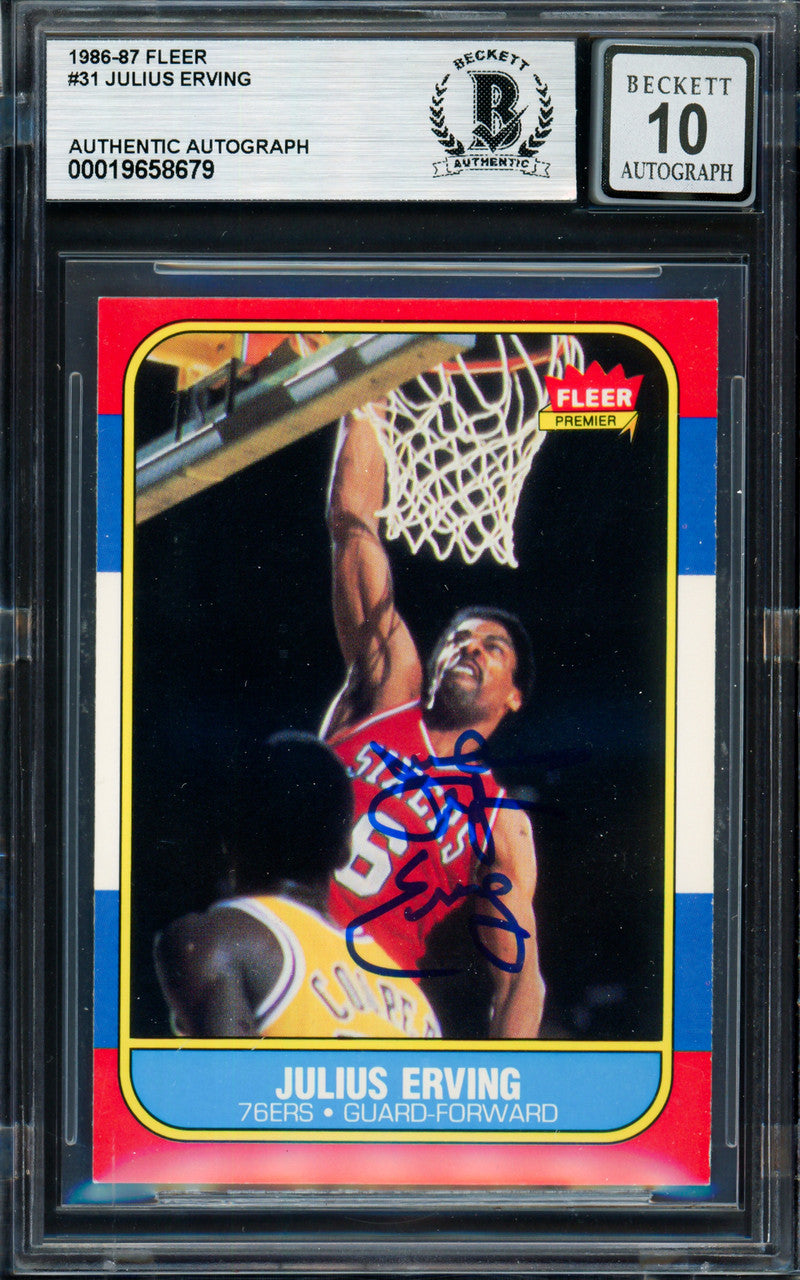 Julius Dr. J Erving Autographed 1986-87 Fleer Card #31 Philadelphia 76ers Auto Grade Gem Mint 10 Beckett BAS #19658679