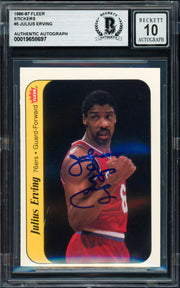 Julius Dr. J Erving Autographed 1986-87 Fleer Sticker Card #5 Philadelphia 76ers Auto Grade Gem Mint 10 Beckett BAS #19658697