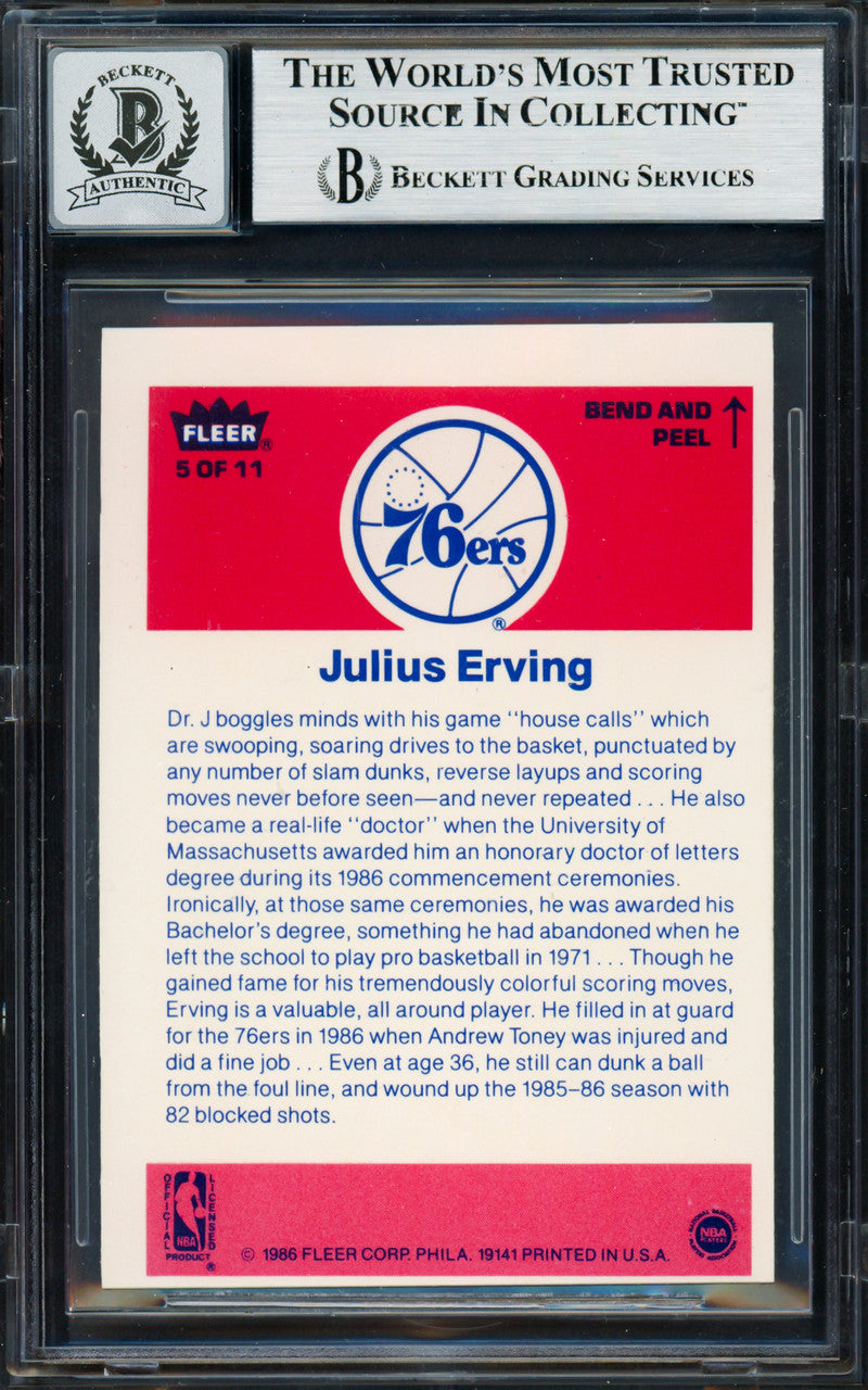Julius Dr. J Erving Autographed 1986-87 Fleer Sticker Card #5 Philadelphia 76ers Auto Grade Gem Mint 10 Beckett BAS #19658697