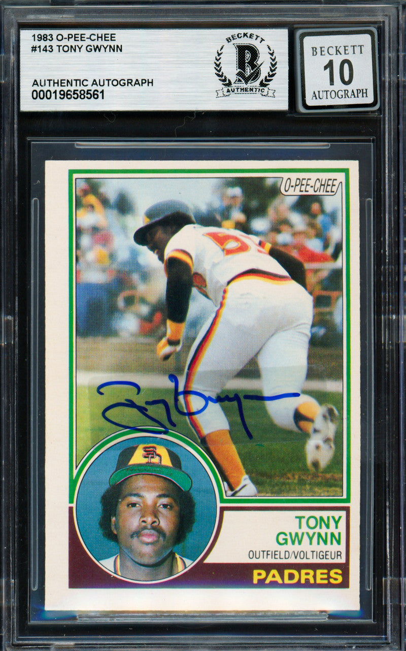 Tony Gwynn Autographed 1983 O Pee Chee Rookie Card #143 San Diego Padres Auto Grade Gem Mint 10 (Aftermarket Sticker) Beckett BAS #19658561