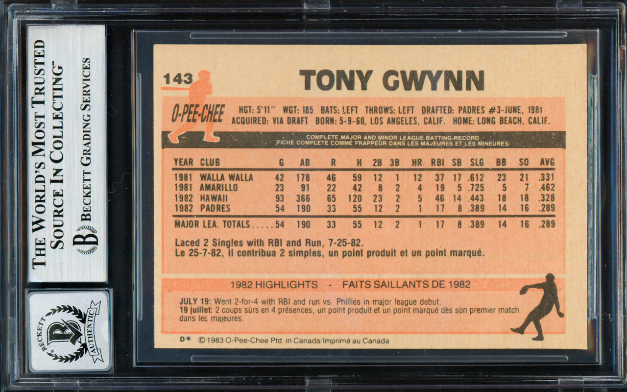 Tony Gwynn Autographed 1983 O Pee Chee Rookie Card #143 San Diego Padres Auto Grade Gem Mint 10 (Aftermarket Sticker) Beckett BAS #19658561