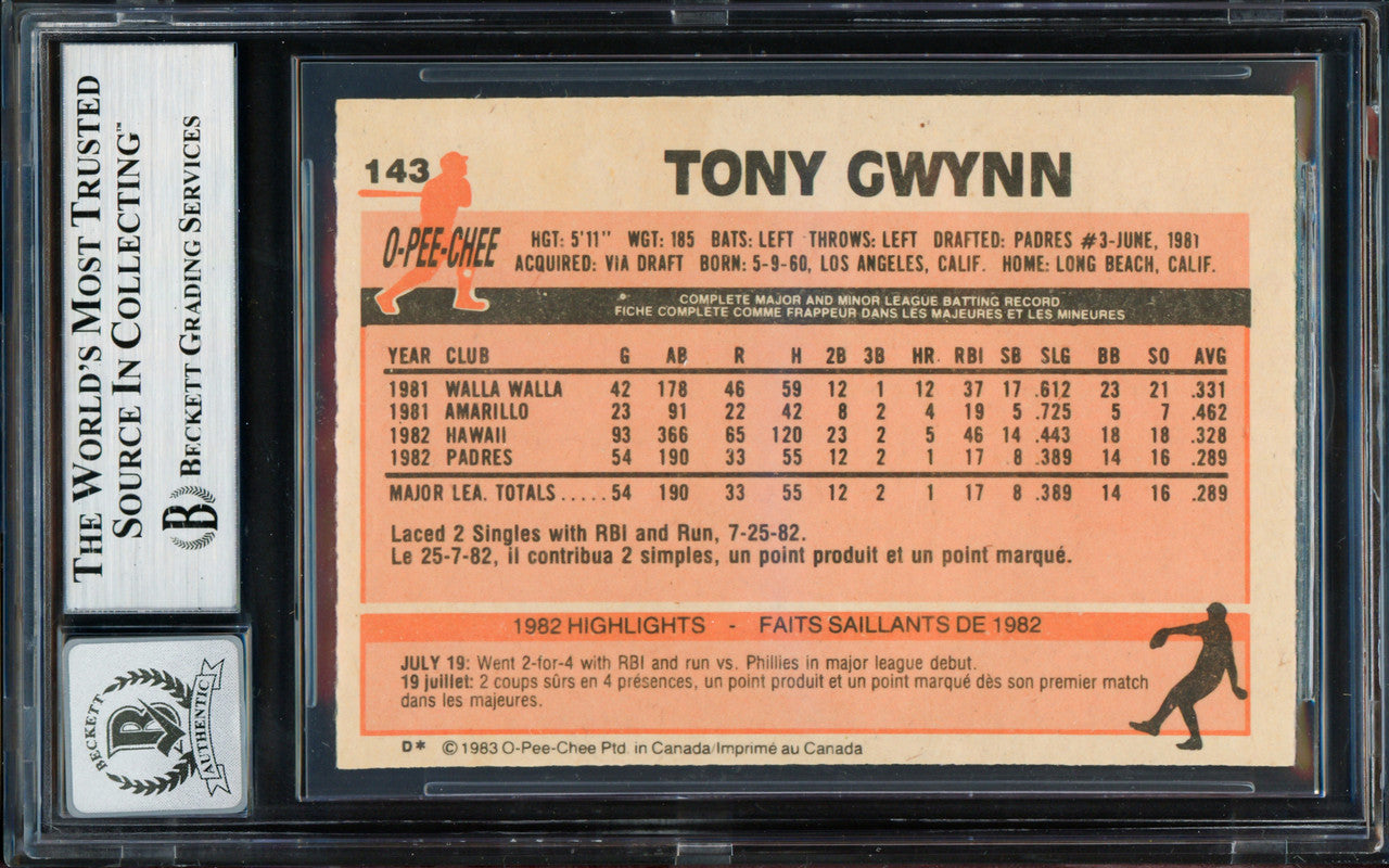 Tony Gwynn Autographed 1983 O Pee Chee Rookie Card #143 San Diego Padres Auto Grade Gem Mint 10 (Aftermarket Sticker) Beckett BAS #19658559