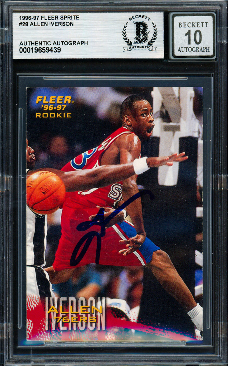 Allen Iverson Autographed 1996-97 Fleer Sprite Rookie Card #28 Philadelphia 76ers Auto Grade Gem Mint 10 Beckett BAS #19659439