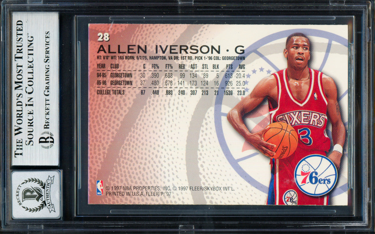 Allen Iverson Autographed 1996-97 Fleer Sprite Rookie Card #28 Philadelphia 76ers Auto Grade Gem Mint 10 Beckett BAS #19659439