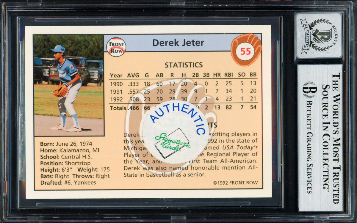 Derek Jeter Autographed 1992 Front Row Rookie Card #55 New York Yankees Auto Grade Gem Mint 10 Beckett BAS #19658743