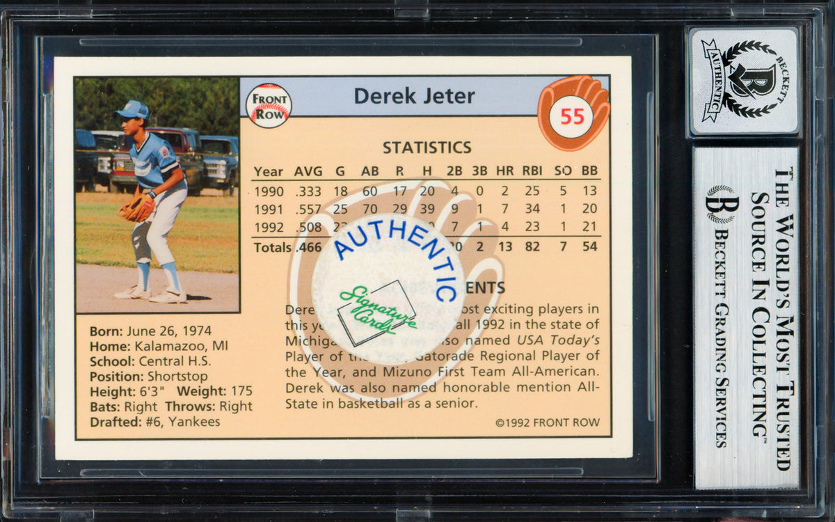 Derek Jeter Autographed 1992 Front Row Rookie Card #55 New York Yankees Auto Grade Gem Mint 10 Beckett BAS #19658741