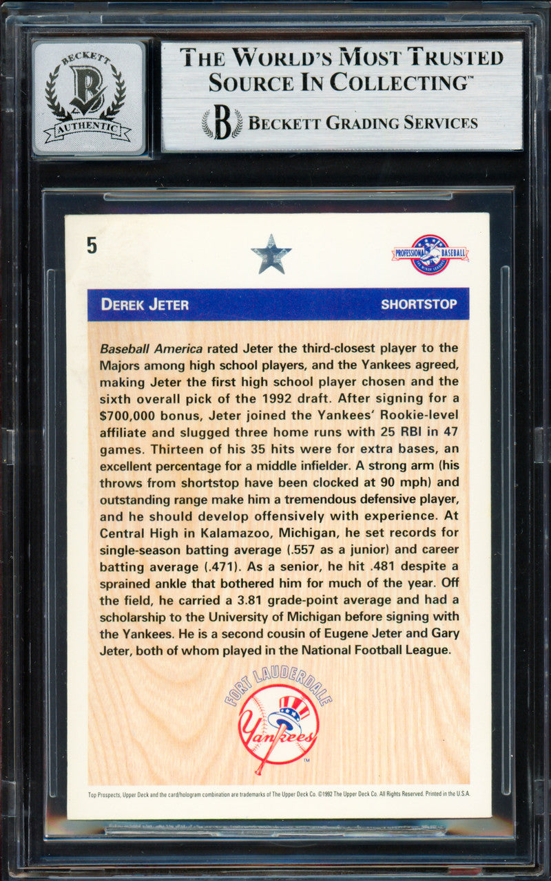 Derek Jeter Autographed 1992 Upper Deck Minor League Rookie Card #5 New York Yankees Auto Grade Gem Mint 10 Beckett BAS #19659539