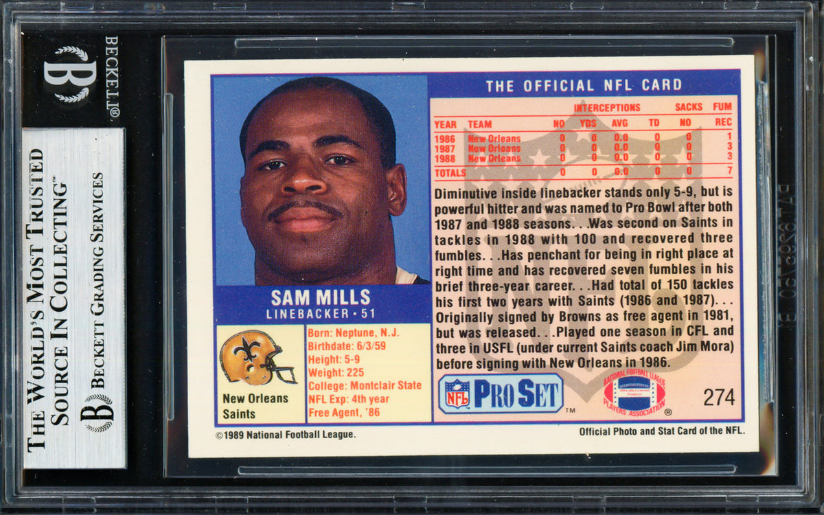 Sam Mills Autographed 1989 Pro Set Card #274 New Orleans Saints Beckett BAS #19664815