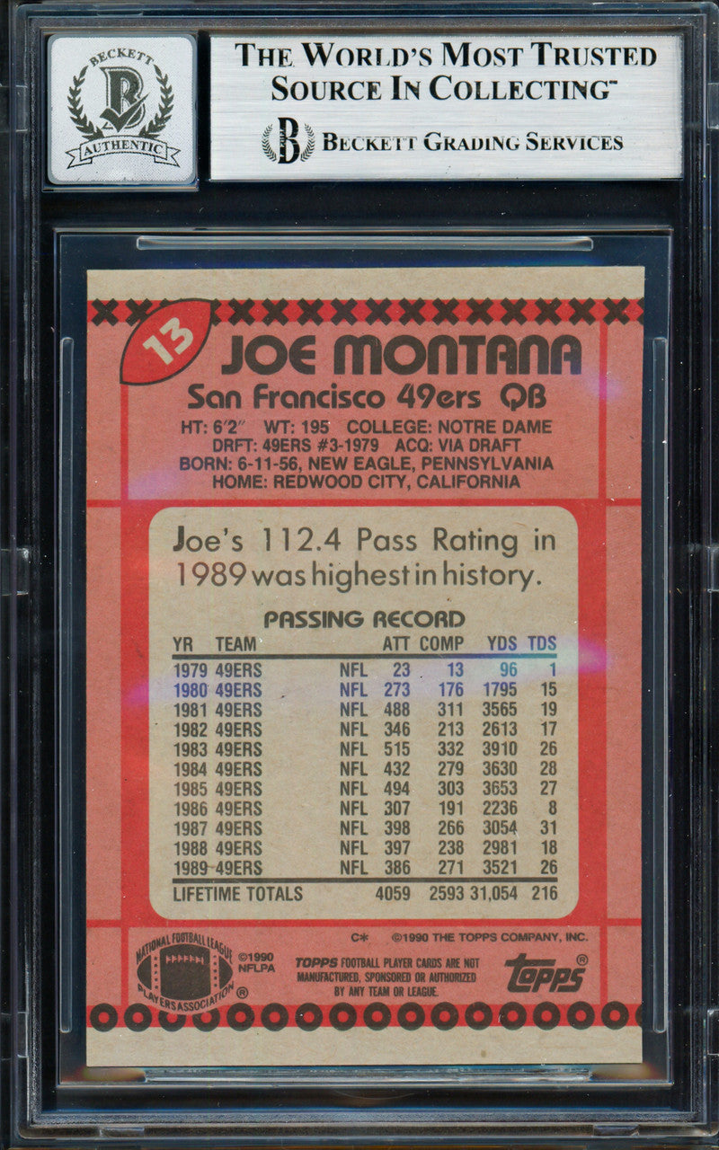 Joe Montana Autographed 1990 Topps Card #13 San Francisco 49ers Auto Grade Gem Mint 10 Beckett BAS #19662617