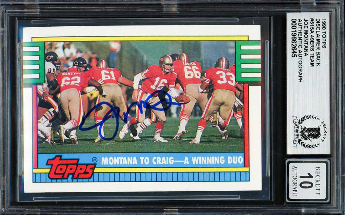 Joe Montana Autographed 1990 Topps Card #515 San Francisco 49ers Auto Grade Gem Mint 10 Beckett BAS #19662645