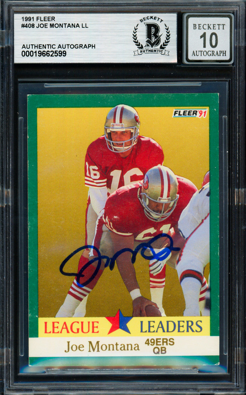 Joe Montana Autographed 1991 Fleer Card #408 San Francisco 49ers Auto Grade Gem Mint 10 Beckett BAS #19662599