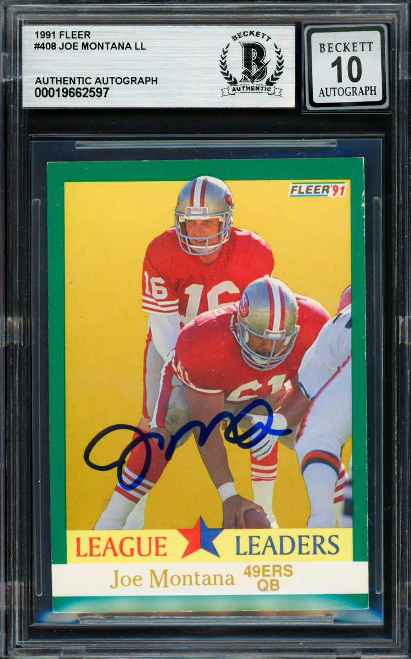 Joe Montana Autographed 1991 Fleer Card #408 San Francisco 49ers Auto Grade Gem Mint 10 Beckett BAS #19662597