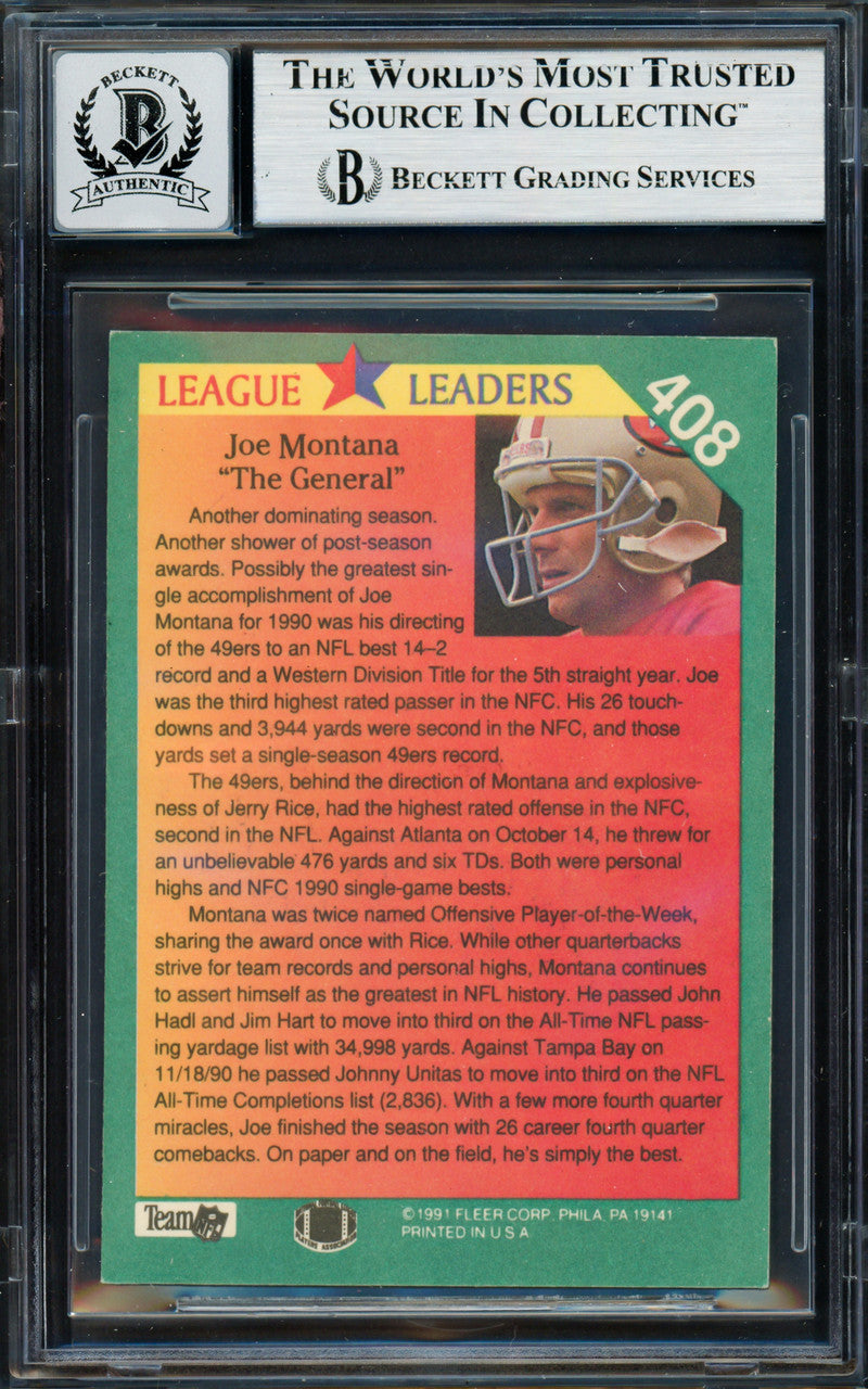 Joe Montana Autographed 1991 Fleer Card #408 San Francisco 49ers Auto Grade Gem Mint 10 Beckett BAS #19662597