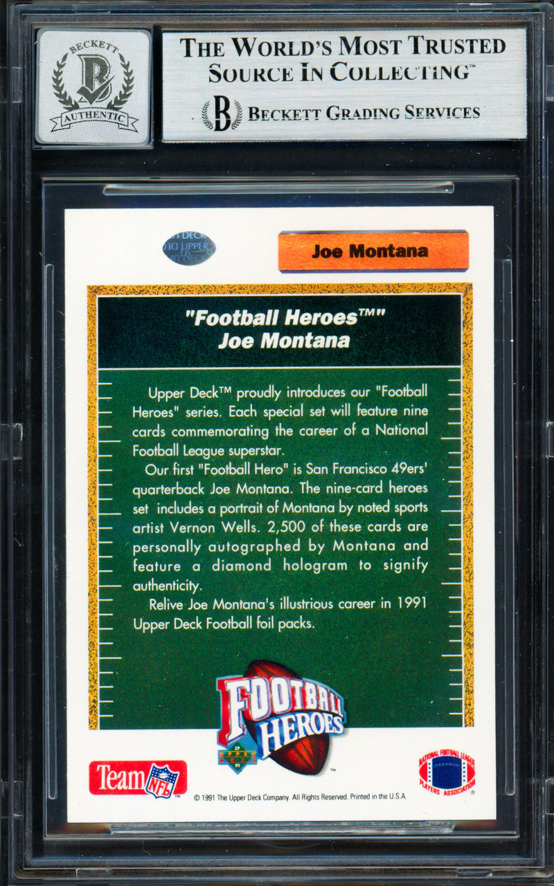 Joe Montana Autographed 1991 Upper Deck Heroes Card San Francisco 49ers Auto Grade Gem Mint 10 Beckett BAS #19663747
