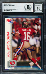 Joe Montana Autographed 1992 Pro Set Card #649 San Francisco 49ers Auto Grade Gem Mint 10 Beckett BAS #19663739