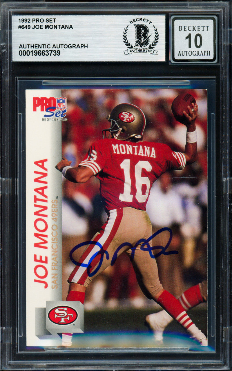 Joe Montana Autographed 1992 Pro Set Card #649 San Francisco 49ers Auto Grade Gem Mint 10 Beckett BAS #19663739