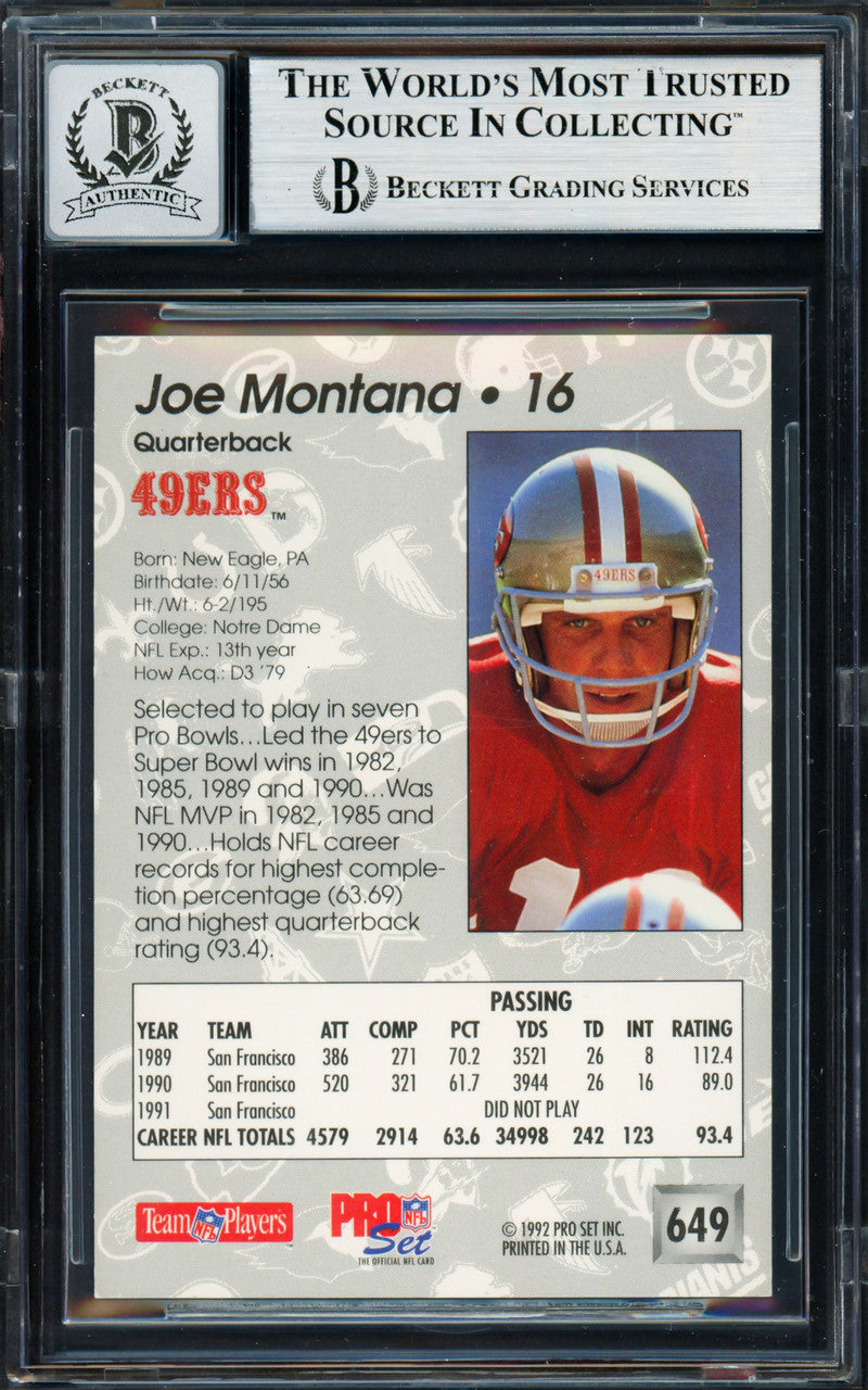 Joe Montana Autographed 1992 Pro Set Card #649 San Francisco 49ers Auto Grade Gem Mint 10 Beckett BAS #19663739