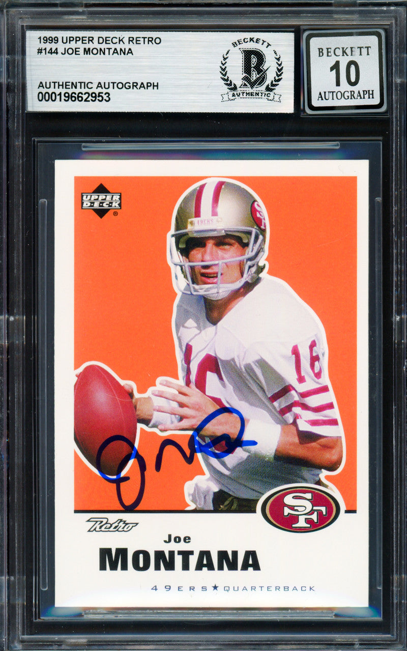 Joe Montana Autographed 1999 Upper Deck Retro Card #144 San Francisco 49ers Auto Grade Gem Mint 10 Beckett BAS #19662953