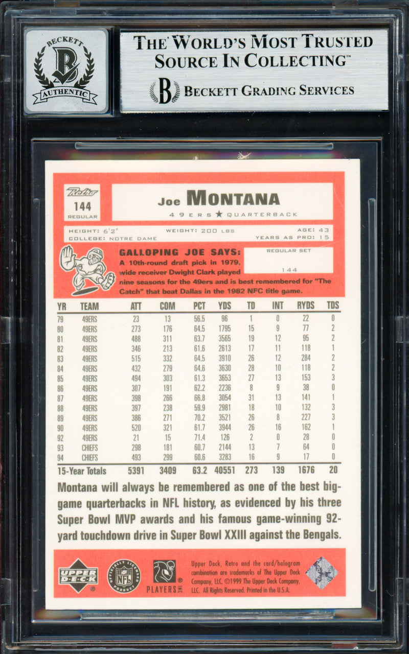 Joe Montana Autographed 1999 Upper Deck Retro Card #144 San Francisco 49ers Auto Grade Gem Mint 10 Beckett BAS #19662953