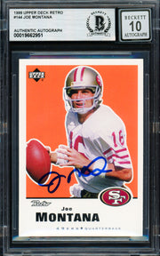 Joe Montana Autographed 1999 Upper Deck Retro Card #144 San Francisco 49ers Auto Grade Gem Mint 10 Beckett BAS #19662951