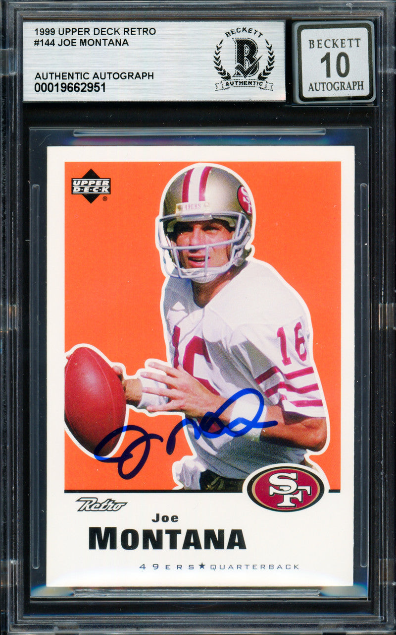 Joe Montana Autographed 1999 Upper Deck Retro Card #144 San Francisco 49ers Auto Grade Gem Mint 10 Beckett BAS #19662951