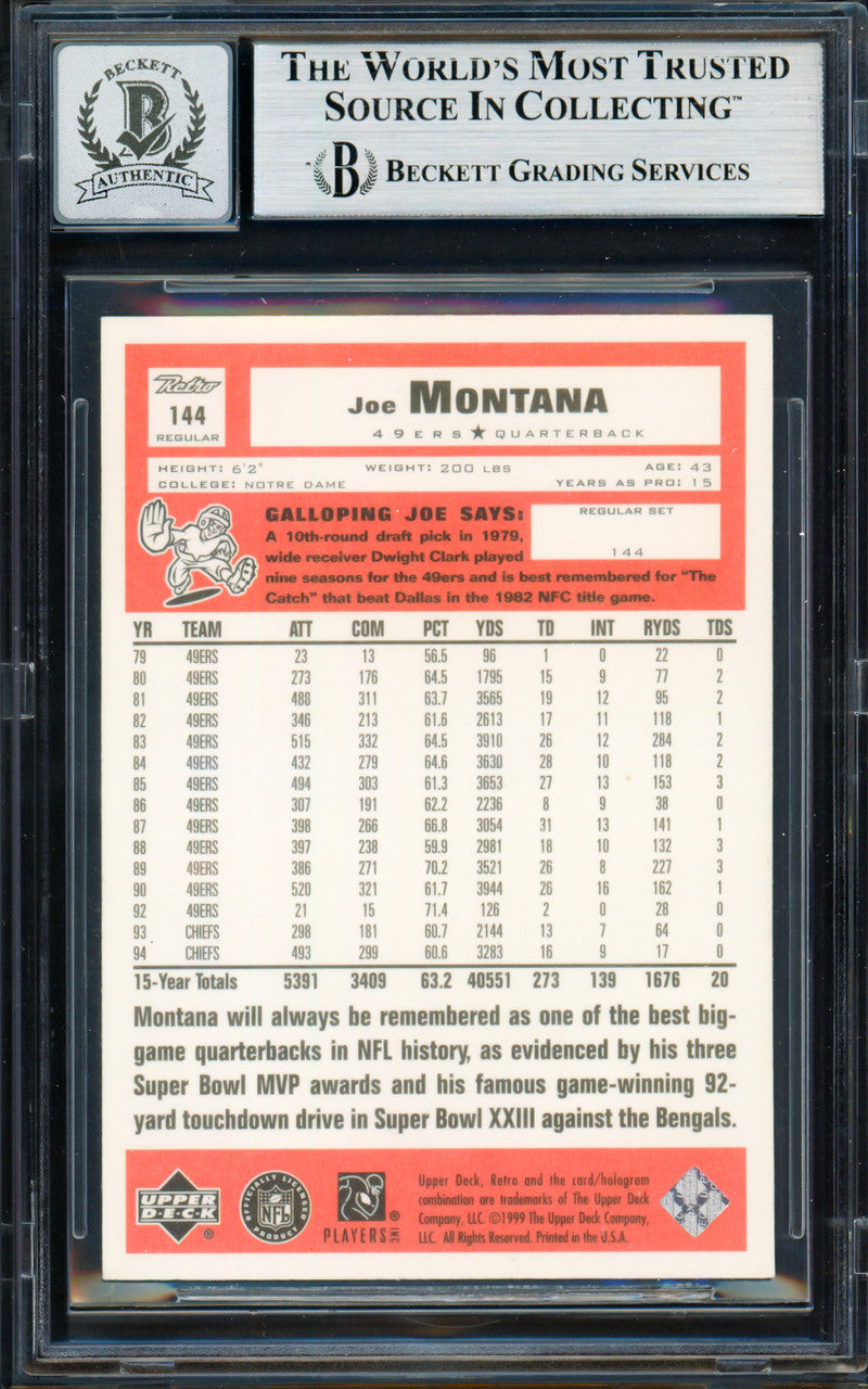 Joe Montana Autographed 1999 Upper Deck Retro Card #144 San Francisco 49ers Auto Grade Gem Mint 10 Beckett BAS #19662951