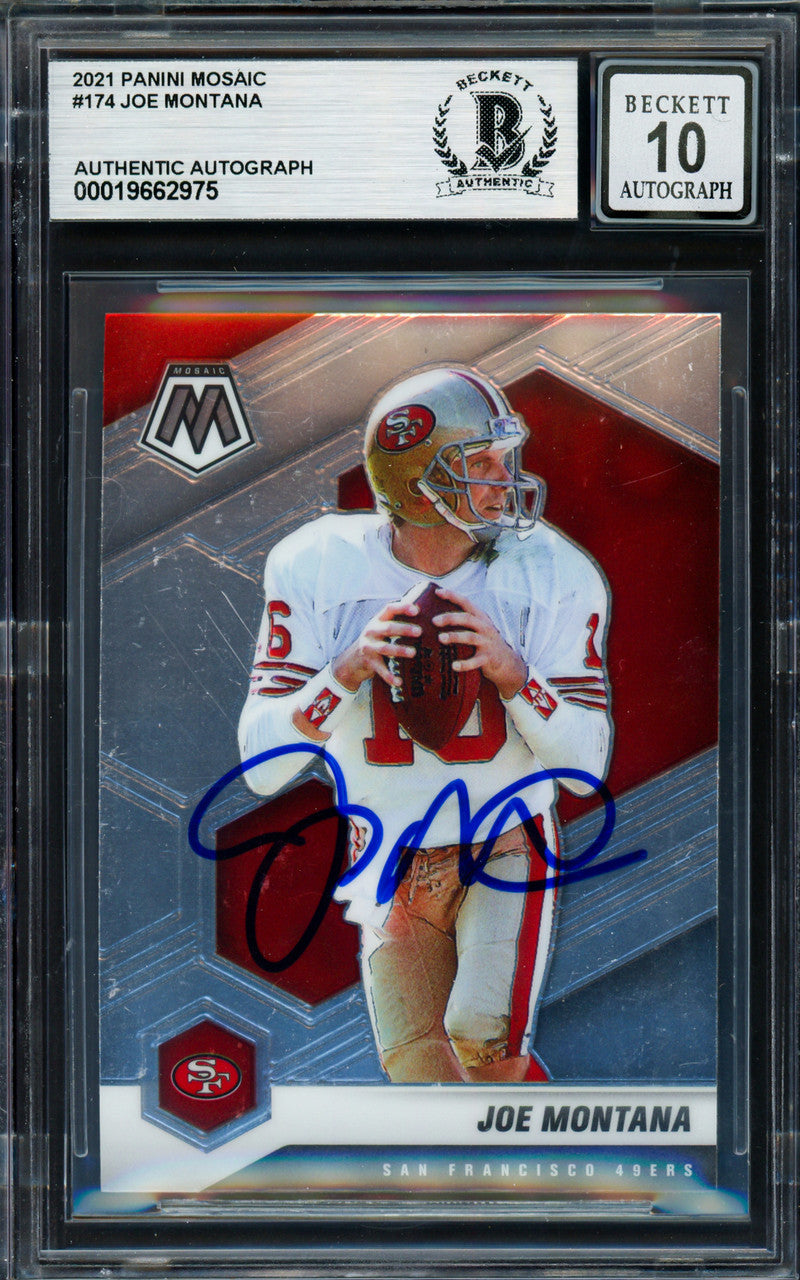 Joe Montana Autographed 2021 Panini Mosaic Card #174 San Francisco 49ers Auto Grade Gem Mint 10 Beckett BAS #19662975
