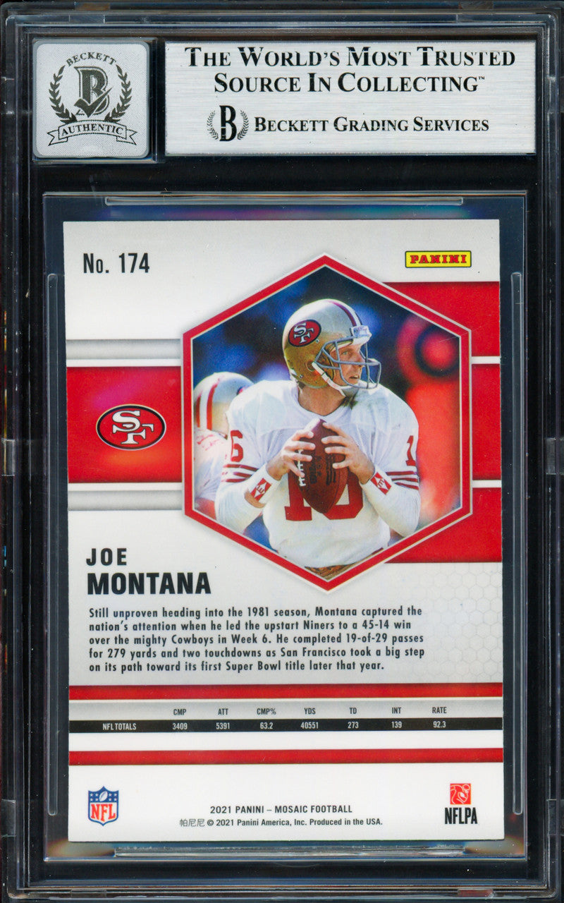 Joe Montana Autographed 2021 Panini Mosaic Card #174 San Francisco 49ers Auto Grade Gem Mint 10 Beckett BAS #19662975