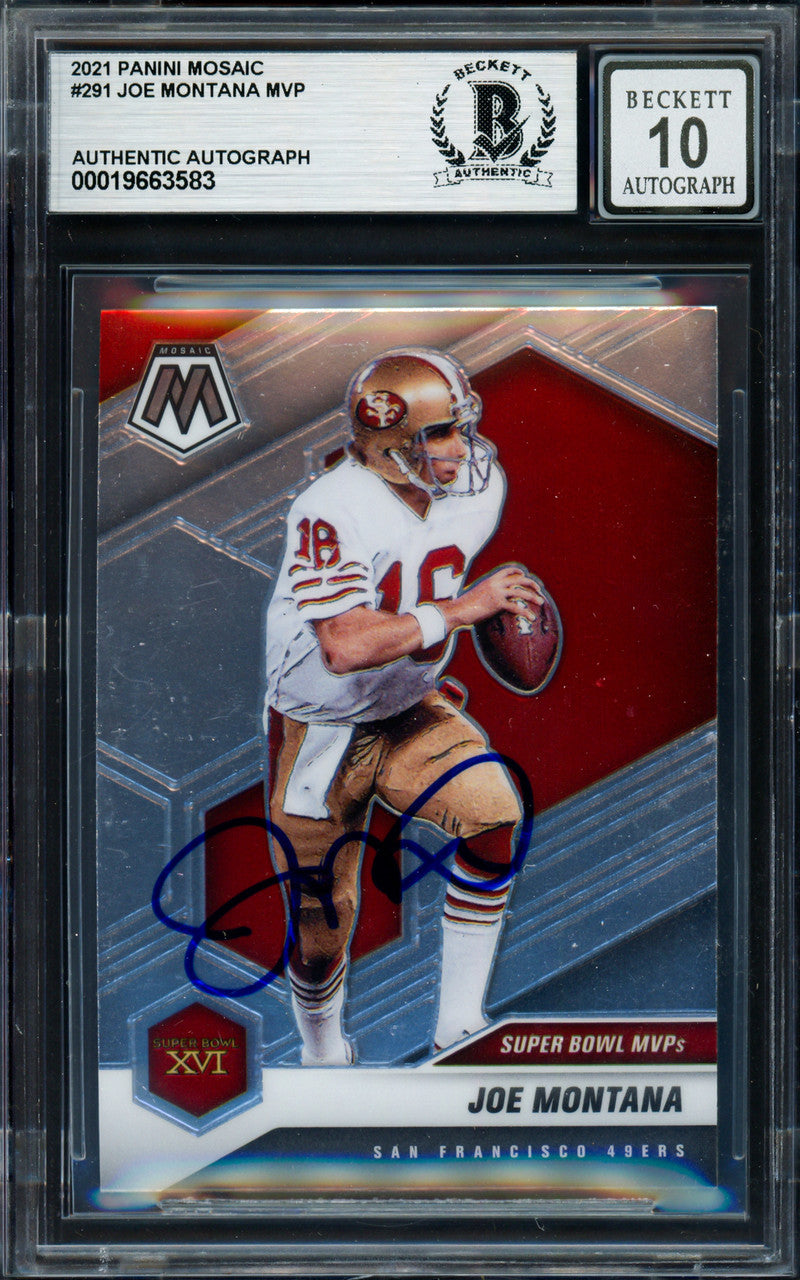 Joe Montana Autographed 2021 Panini Mosaic Card #291 San Francisco 49ers Auto Grade Gem Mint 10 Beckett BAS #19663583