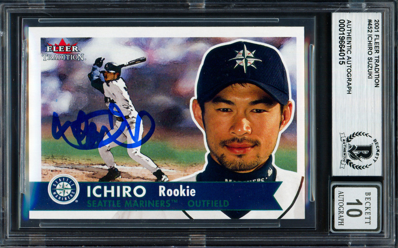 Ichiro Suzuki Autographed 2001 Fleer Tradition Rookie Card #452 Seattle Mariners Auto Grade Gem Mint 10 Beckett BAS #19664015