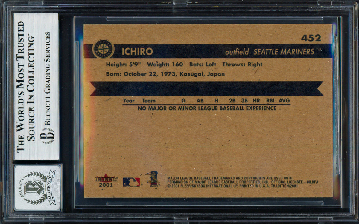 Ichiro Suzuki Autographed 2001 Fleer Tradition Rookie Card #452 Seattle Mariners Auto Grade Gem Mint 10 Beckett BAS #19664015