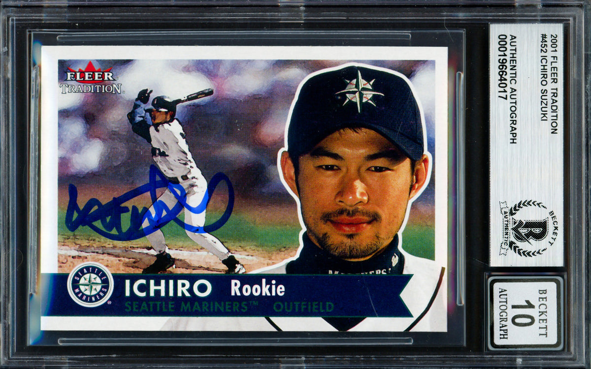 Ichiro Suzuki Autographed 2001 Fleer Tradition Rookie Card #452 Seattle Mariners Auto Grade Gem Mint 10 Beckett BAS #19664017
