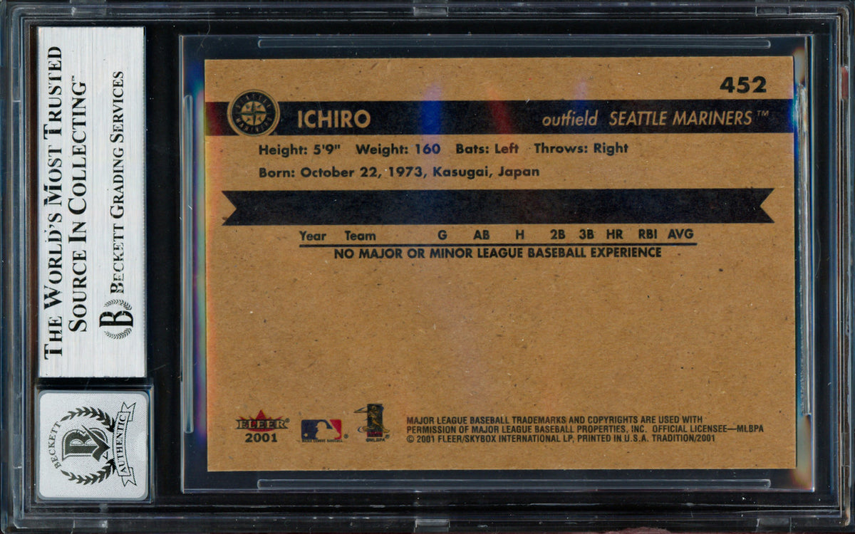 Ichiro Suzuki Autographed 2001 Fleer Tradition Rookie Card #452 Seattle Mariners Auto Grade Gem Mint 10 Beckett BAS #19664017