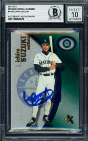 Ichiro Suzuki Autographed 2001 Fleer E-X Rookie Card #105 Seattle Mariners Auto Grade Gem Mint 10 Beckett BAS #19664029