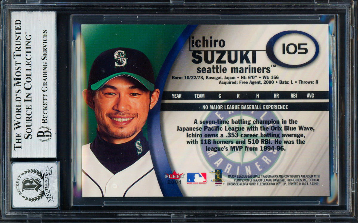 Ichiro Suzuki Autographed 2001 Fleer E-X Rookie Card #105 Seattle Mariners Auto Grade Gem Mint 10 Beckett BAS #19664029