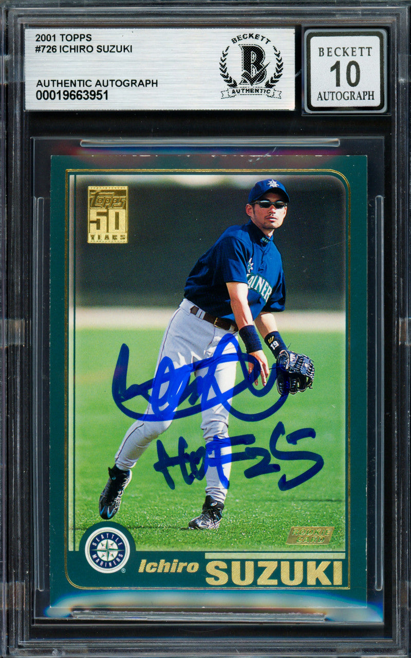 Ichiro Suzuki Autographed 2001 Topps Rookie Card #726 Seattle Mariners Auto Grade Gem Mint 10 "HOF 25" Beckett BAS #19663951