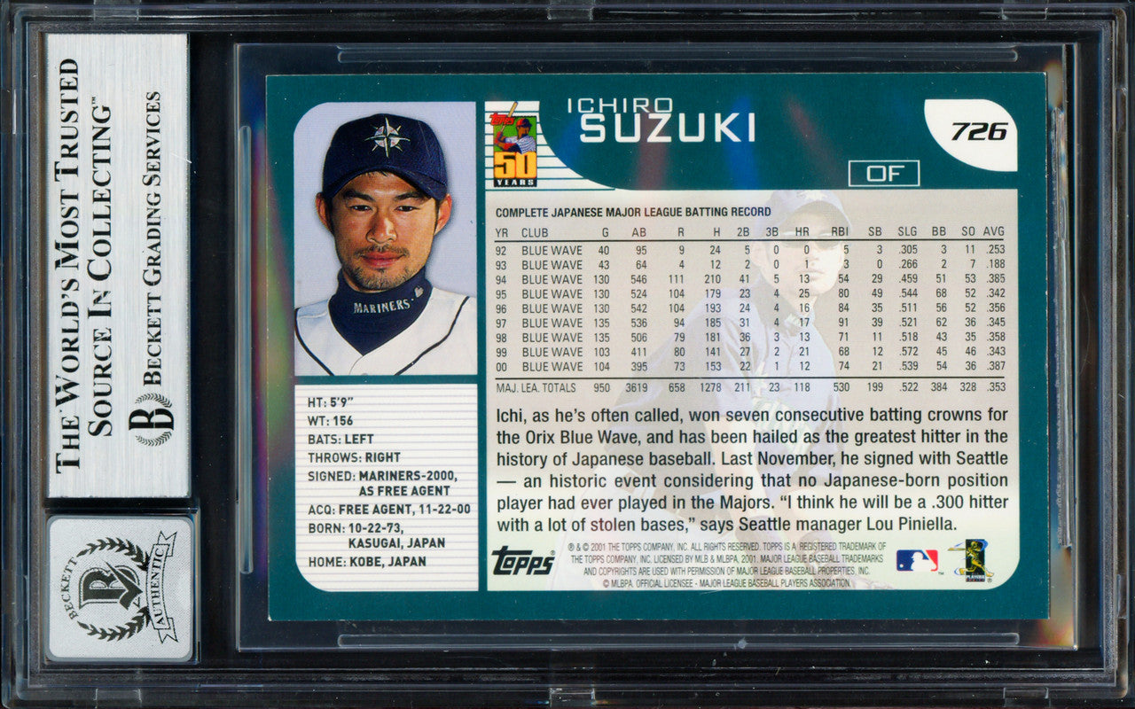 Ichiro Suzuki Autographed 2001 Topps Rookie Card #726 Seattle Mariners Auto Grade Gem Mint 10 "HOF 25" Beckett BAS #19663951