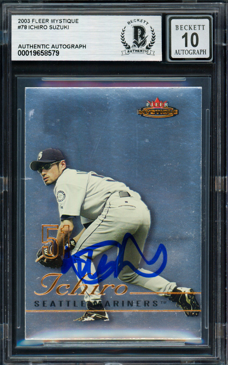 Ichiro Suzuki Autographed 2003 Fleer Mystique Rookie Card #78 Seattle Mariners Auto Grade Gem Mint 10 Beckett BAS #19658579