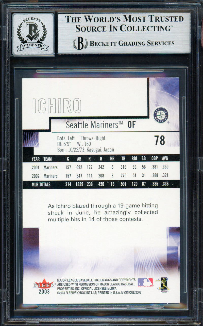 Ichiro Suzuki Autographed 2003 Fleer Mystique Rookie Card #78 Seattle Mariners Auto Grade Gem Mint 10 Beckett BAS #19658579