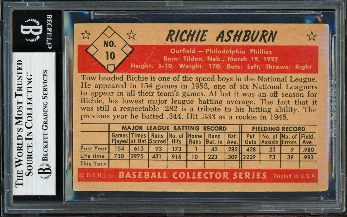 Richie Ashburn Autographed 1953 Bowman Color Card #10 Philadelphia Phillies Beckett BAS #18969325