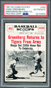 Hank Greenberg Autographed 1961 Nu-Card Scoops Card #442 Detroit Tigers PSA/DNA #92143658