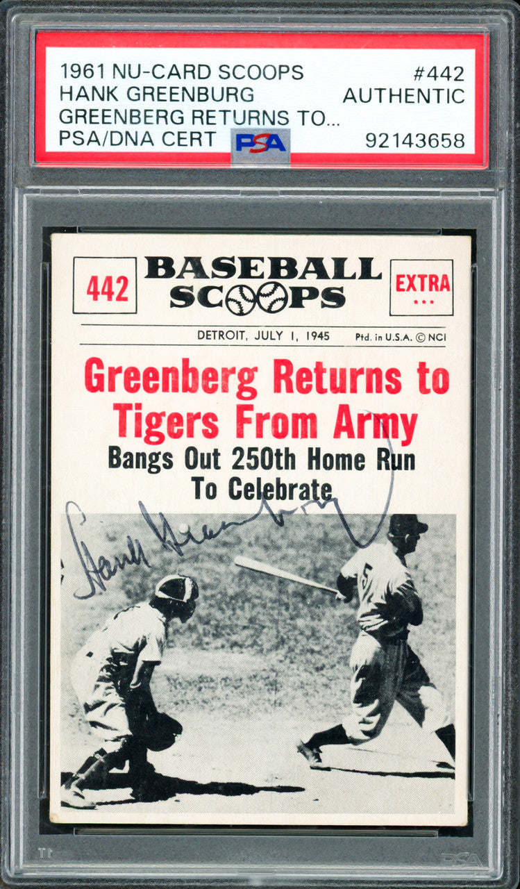 Hank Greenberg Autographed 1961 Nu-Card Scoops Card #442 Detroit Tigers PSA/DNA #92143658
