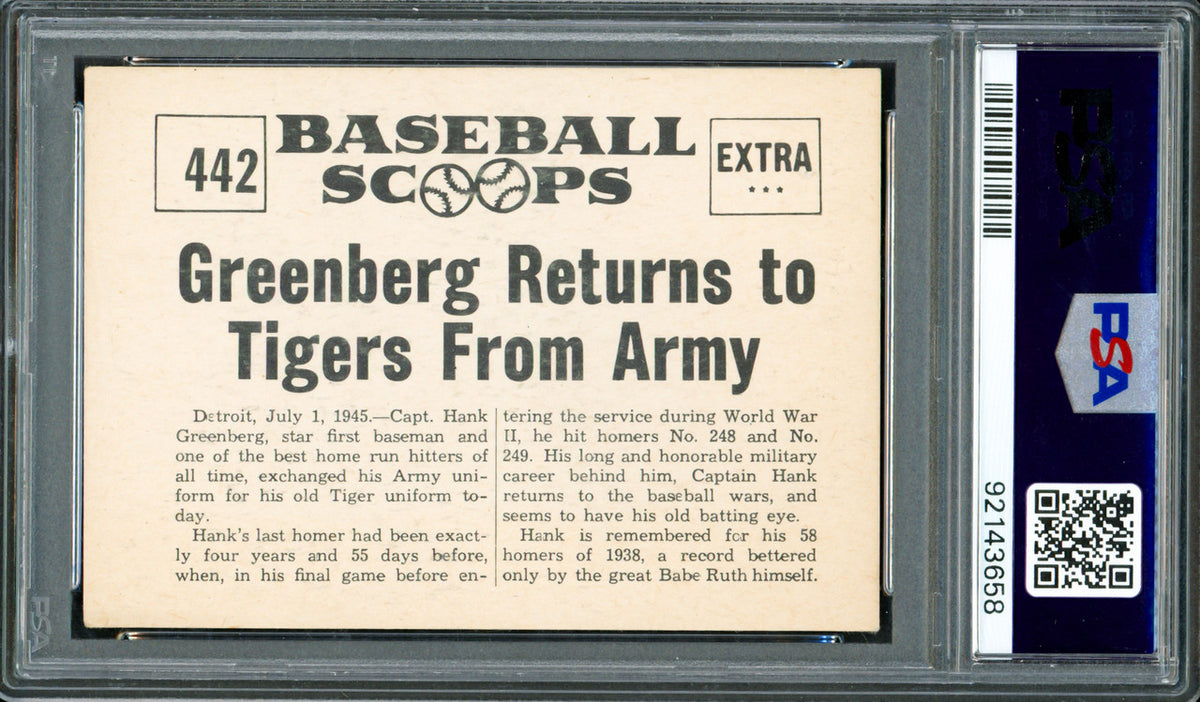 Hank Greenberg Autographed 1961 Nu-Card Scoops Card #442 Detroit Tigers PSA/DNA #92143658