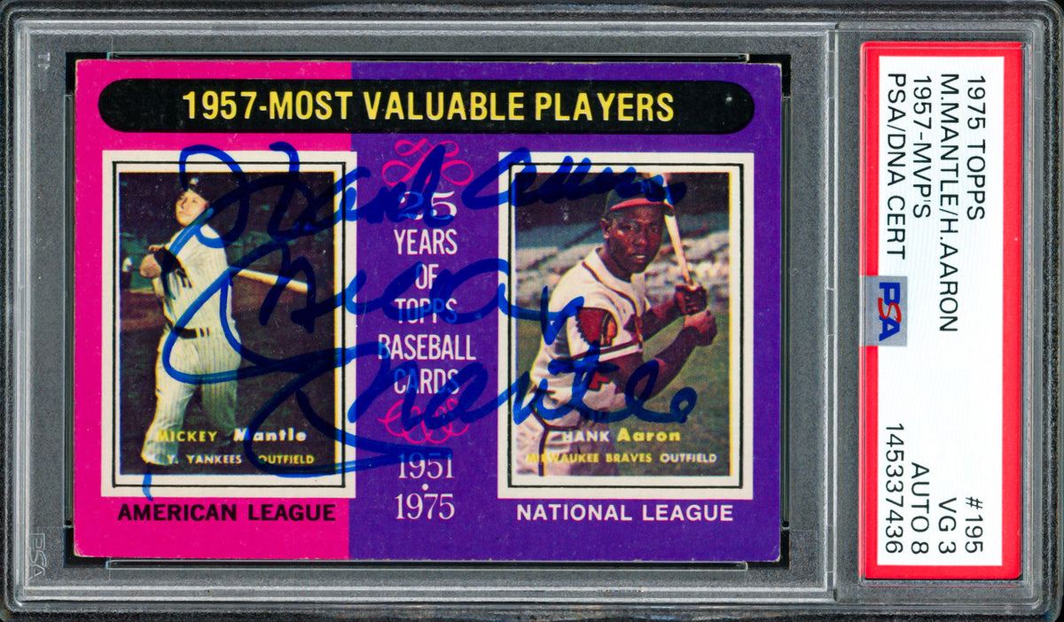 Mickey Mantle & Hank Aaron Autographed 1975 Topps Card #195 PSA 3 Auto Grade Near Mint/Mint 8 PSA/DNA #145337436