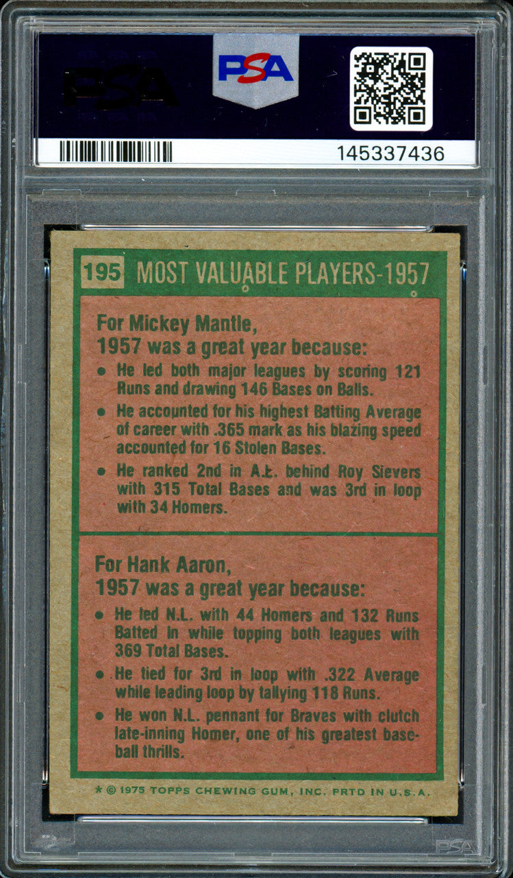 Mickey Mantle & Hank Aaron Autographed 1975 Topps Card #195 PSA 3 Auto Grade Near Mint/Mint 8 PSA/DNA #145337436