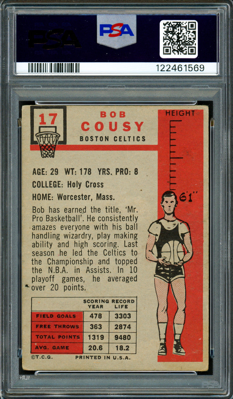Bob Cousy Autographed 1957-58 Topps Rookie Card #17 Boston Celtics Auto Grade 4 PSA/DNA #122461569
