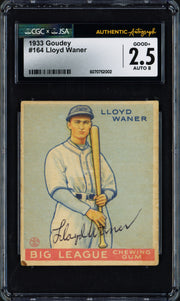 Lloyd Waner Autographed 1933 Goudey Rookie Card #164 Pittsburgh Pirates CGCxJSA 2.5 Auto Grade Near Mint/Mint 8 CGCxJSA #6070752002