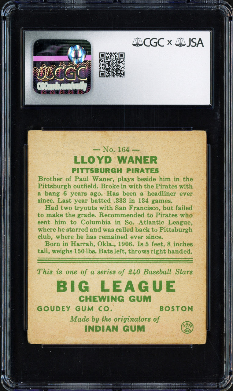 Lloyd Waner Autographed 1933 Goudey Rookie Card #164 Pittsburgh Pirates CGCxJSA 2.5 Auto Grade Near Mint/Mint 8 CGCxJSA #6070752002