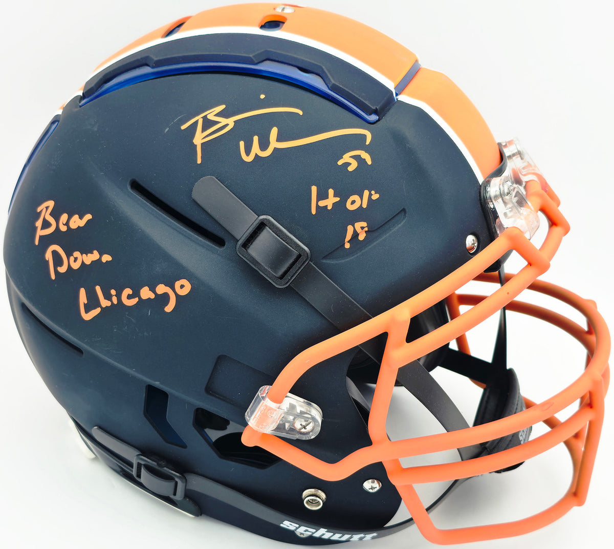 Brian Urlacher Autographed Black & Orange SpeedFlex Authentic Schutt Full Size Helmet Chicago Bears "Bear Down Chicago, #1/1" Beckett BAS Witness #4W469043